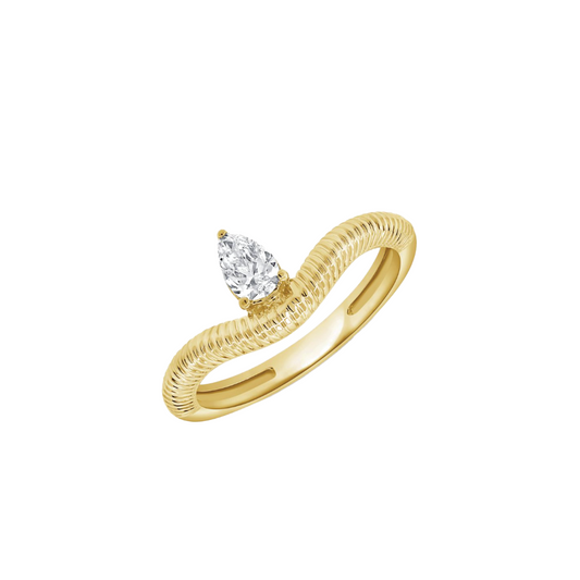 Fluted Curved Band with Prong Set Pear Shaped Diamond in 14K Yellow Gold