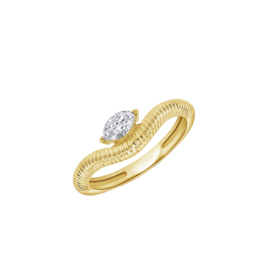 Fluted Curved Band with Prong Set Marquise Shaped Diamond in 14K Yellow Gold