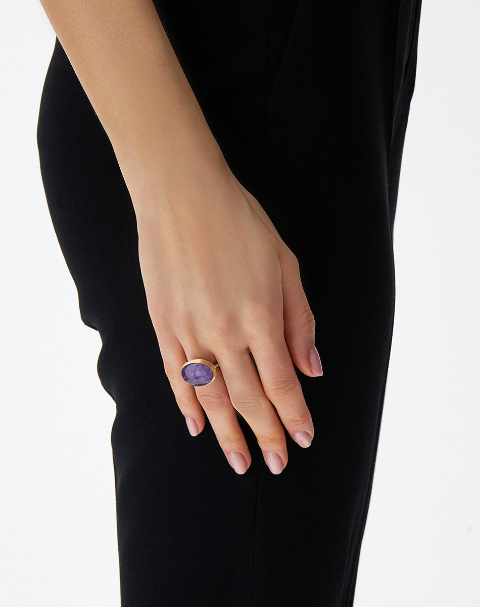 Violetta Boules Ring In Gold, Diamonds With Lepidolite, MOP and Rock Crystal Triplet