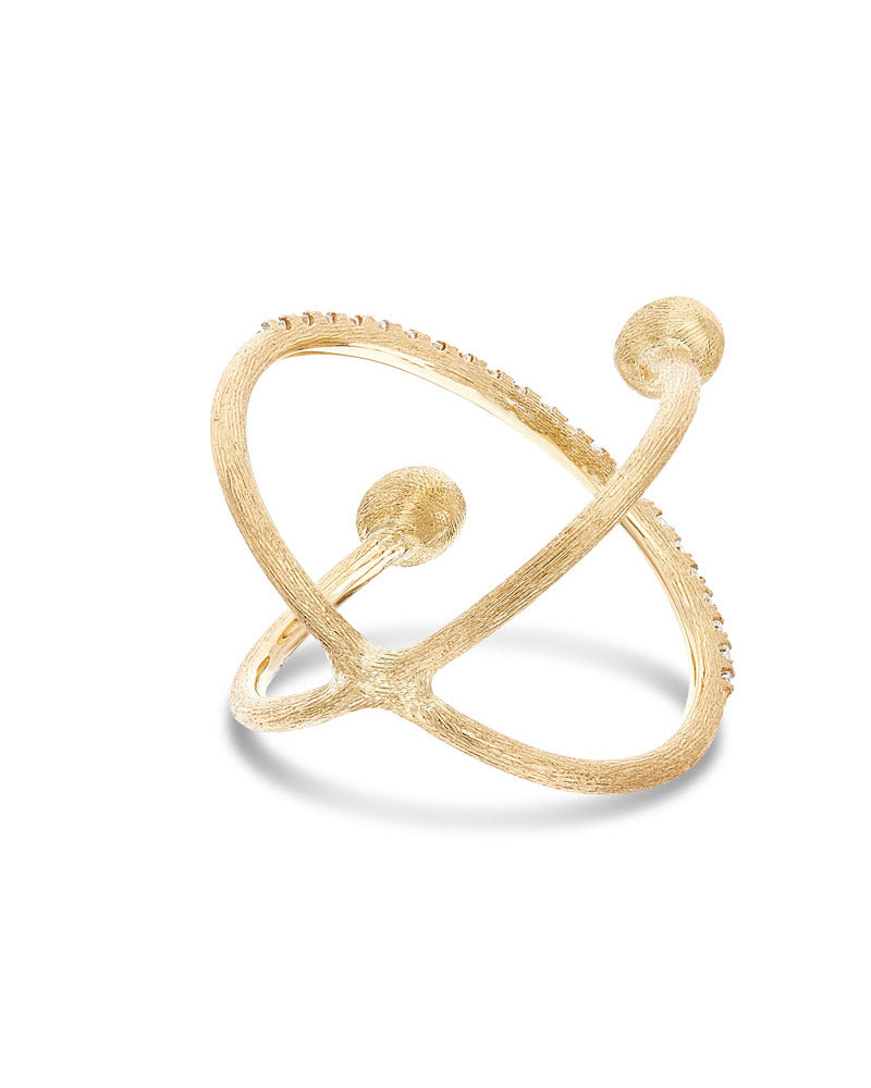 Hand Engraved Boules and Diamond CrissCross Ring
