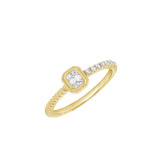 Milgrain Bezel Set Emerald and Round Cut Diamond Ring in 14K Yellow Gold