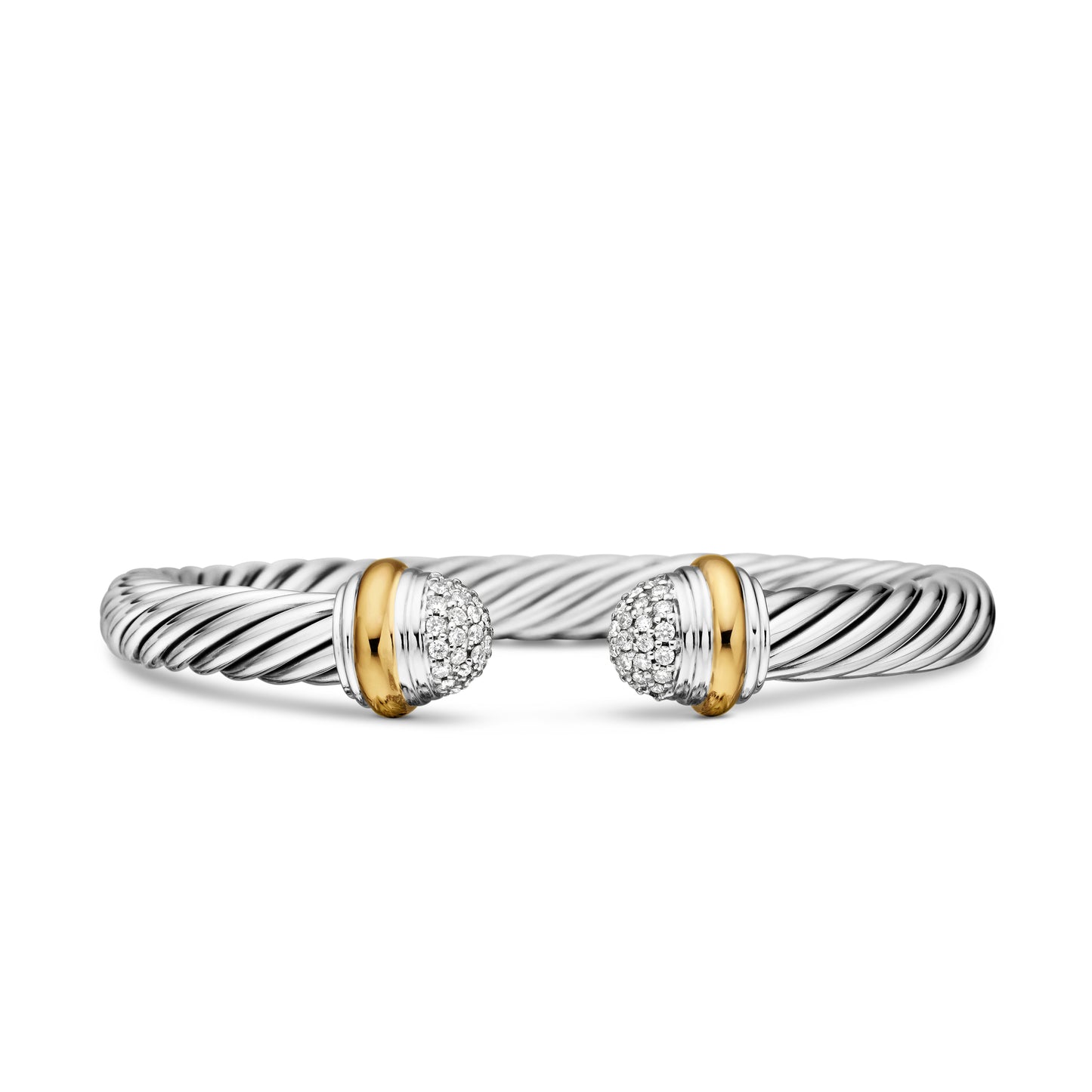 Classic Cable Bracelet in Sterling Silver with 18K Yellow Gold and Pavé Diamond Domes, 7mm