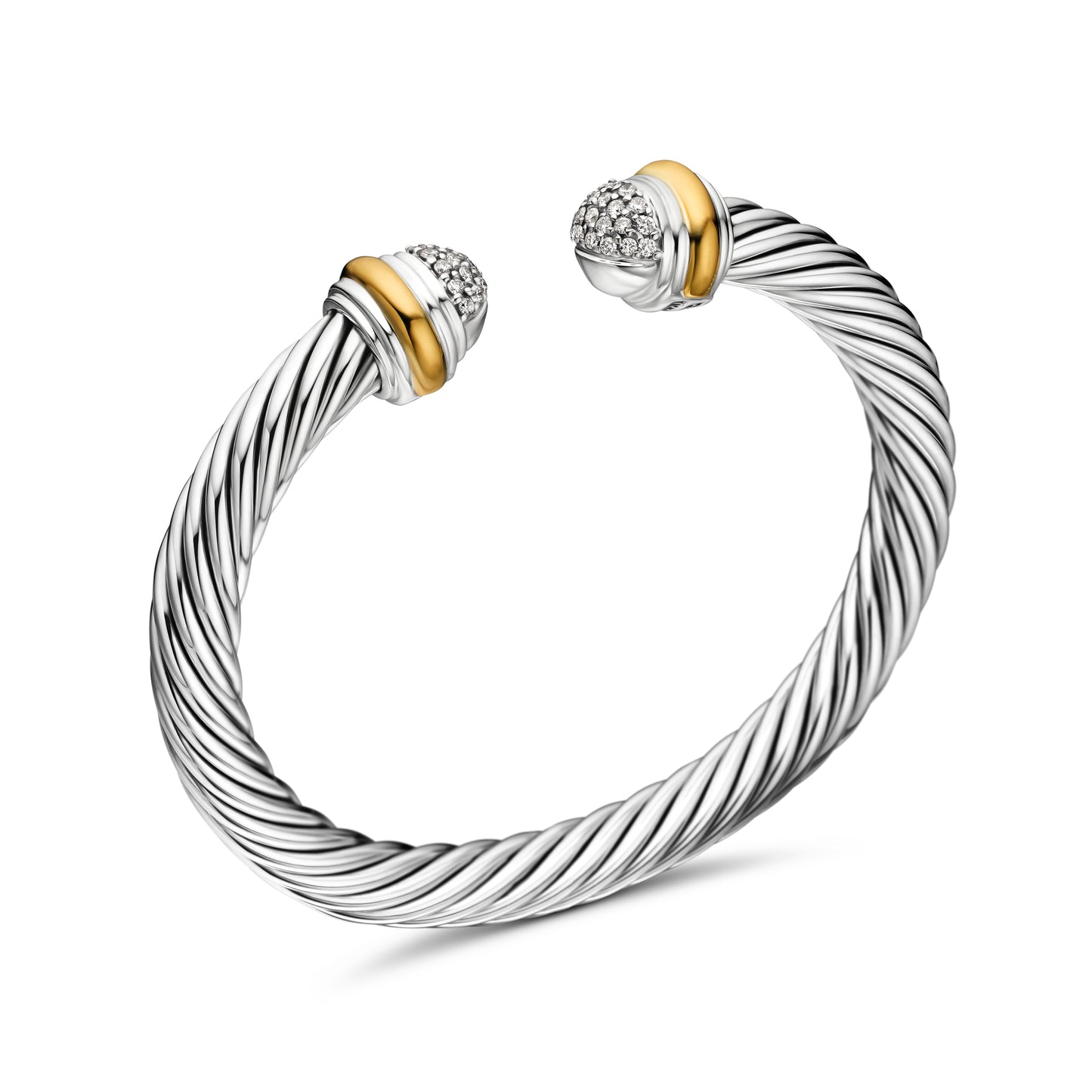 Classic Cable Bracelet in Sterling Silver with 18K Yellow Gold and Pavé Diamond Domes, 7mm