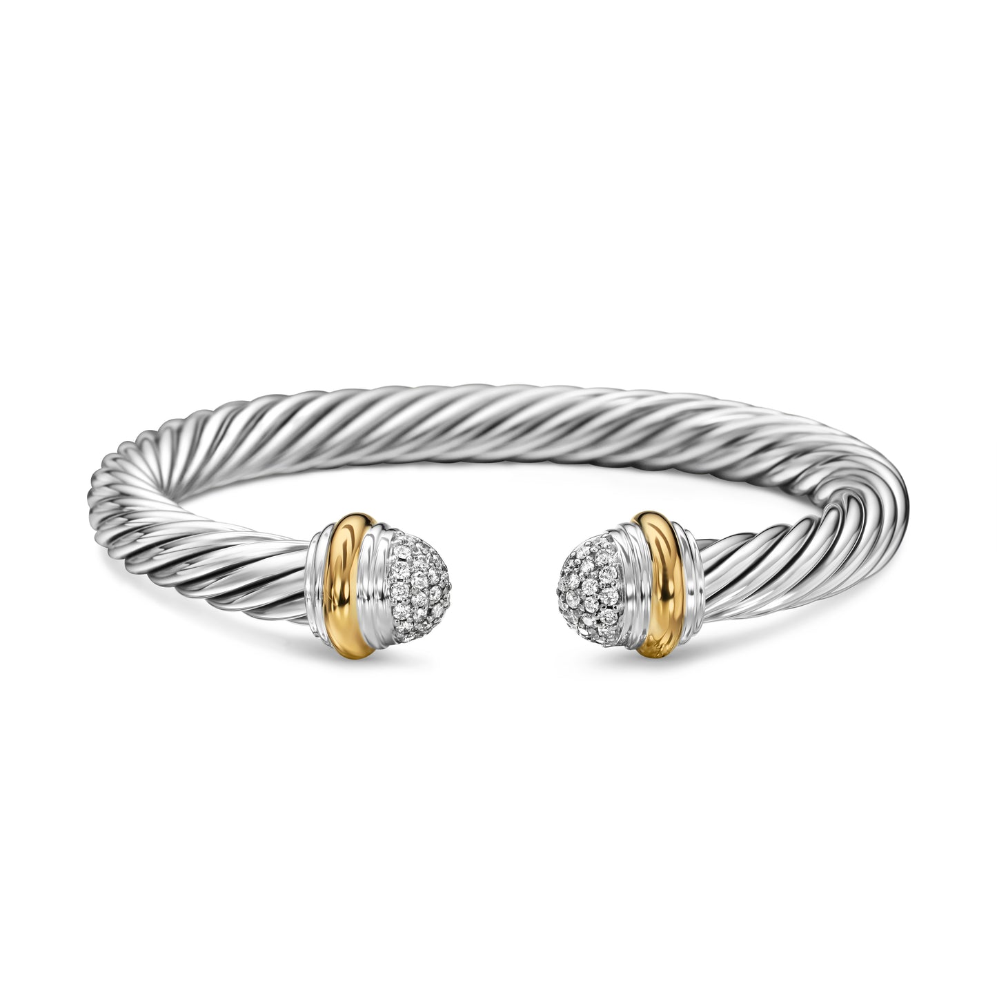Classic Cable Bracelet in Sterling Silver with 18K Yellow Gold and Pavé Diamond Domes, 7mm