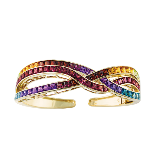 'Rendezvous' Bracelet with Princess Cut Multicolor Gemstones in 14K Yellow Gold