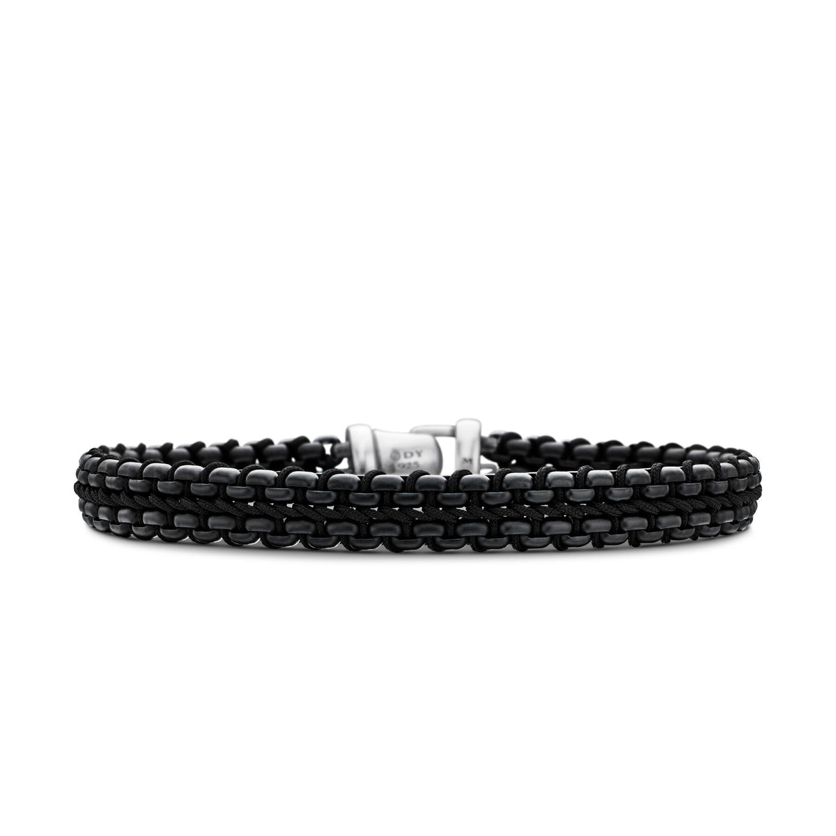 Woven Box Chain Bracelet in Sterling Silver, Black Stainless Steel and Black Nylon