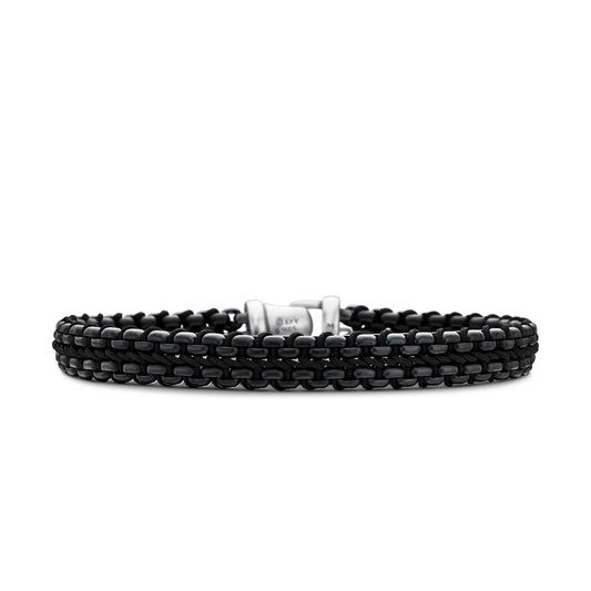 Woven Box Chain Bracelet in Sterling Silver, Black Stainless Steel and Black Nylon