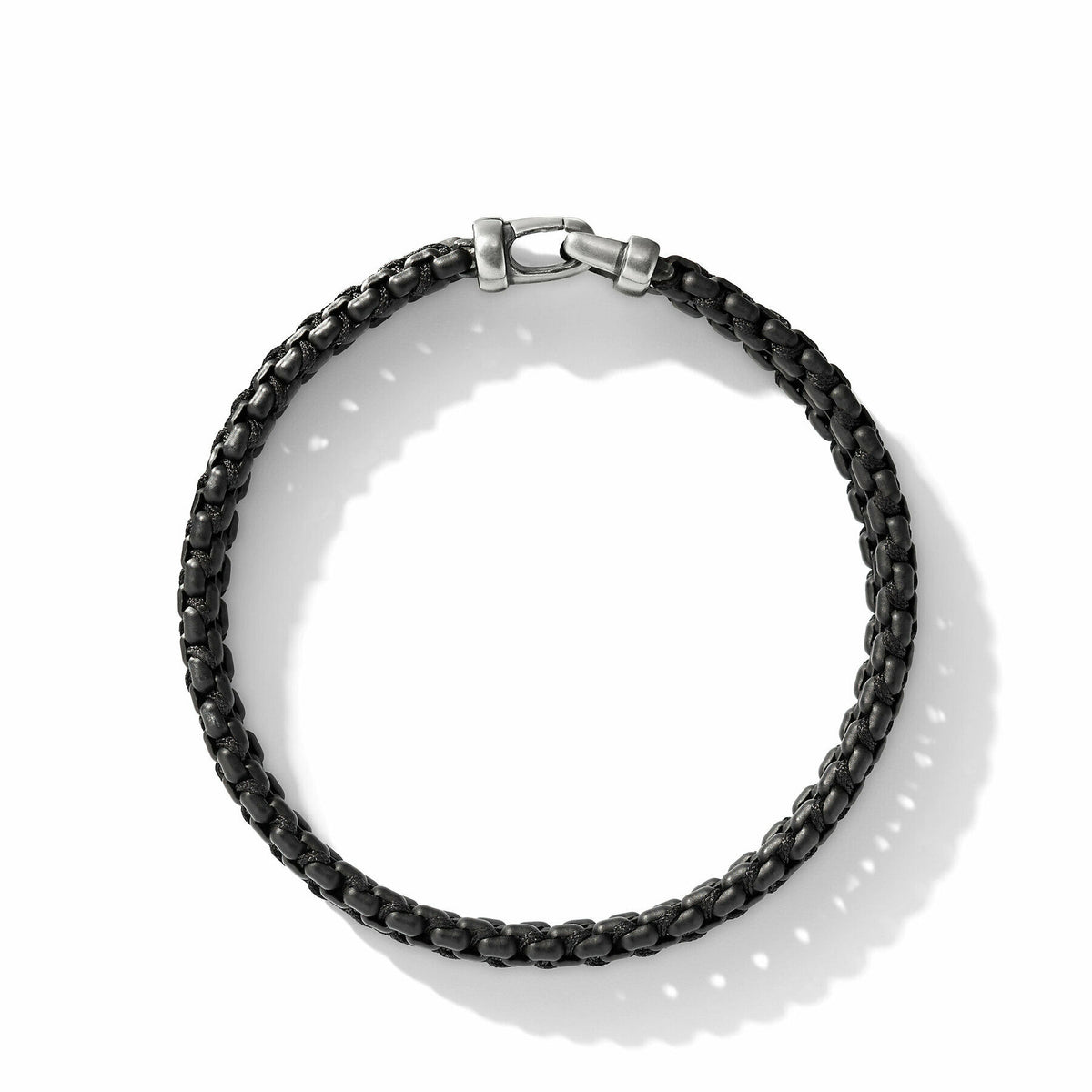 Woven Box Chain Bracelet in Sterling Silver, Black Stainless Steel and Black Nylon