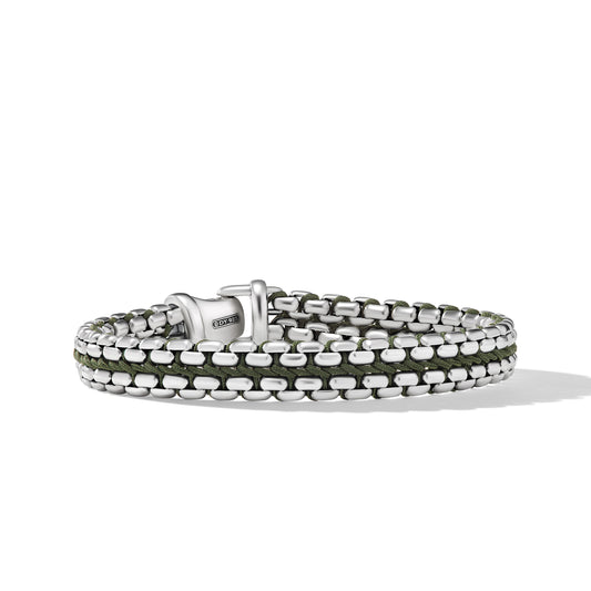 Woven Box Chain Bracelet in Sterling Silver with Green Nylon