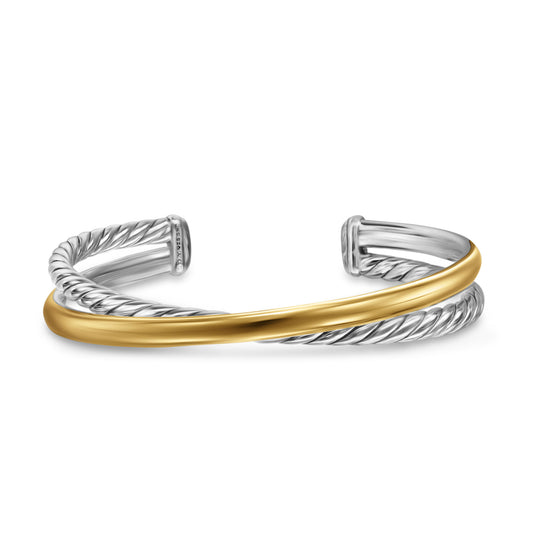 Crossover Two Row Cuff Bracelet in Sterling Silver with 14K Yellow Gold, 11mm