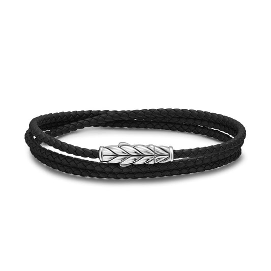 Chevron Triple Wrap Bracelet in Black Leather with Sterling Silver, 3mm