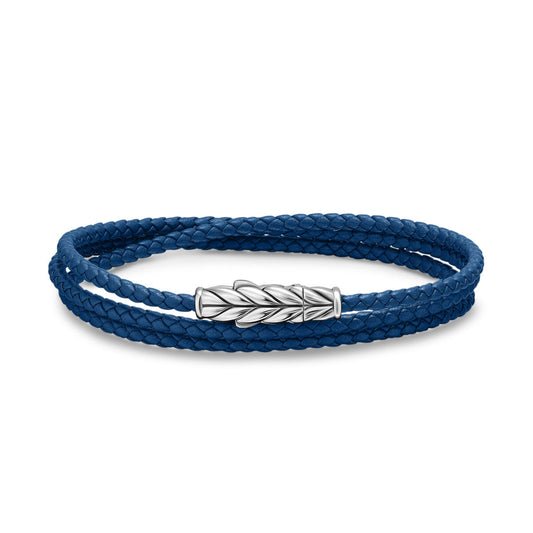 Chevron Triple Wrap Bracelet in Blue Leather with Sterling Silver, 3mm