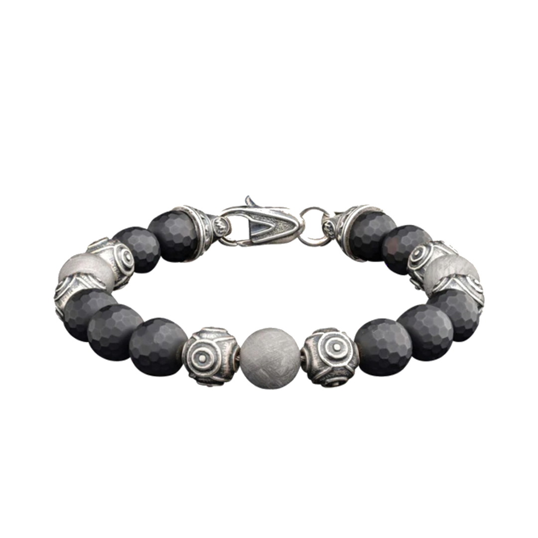 'Monomyth' Black Onyx Beaded Bracelet with 10mm Meteorite and Silver Beads