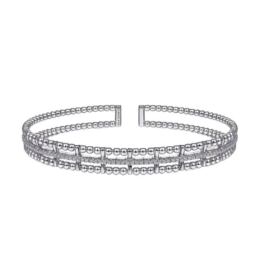 3-Row Diamond Cuff Bracelet with Pave Diamond Row in 14K White Gold