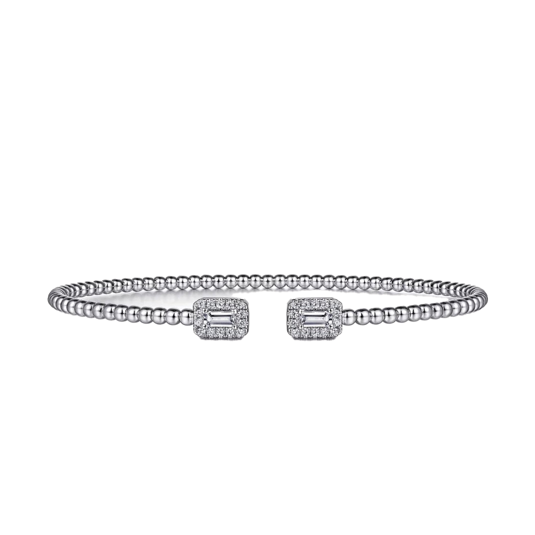 Baguette Halo Beaded Open Bangle in 14K White Gold