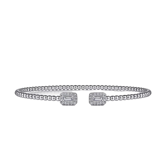 Baguette Halo Beaded Open Bangle in 14K White Gold
