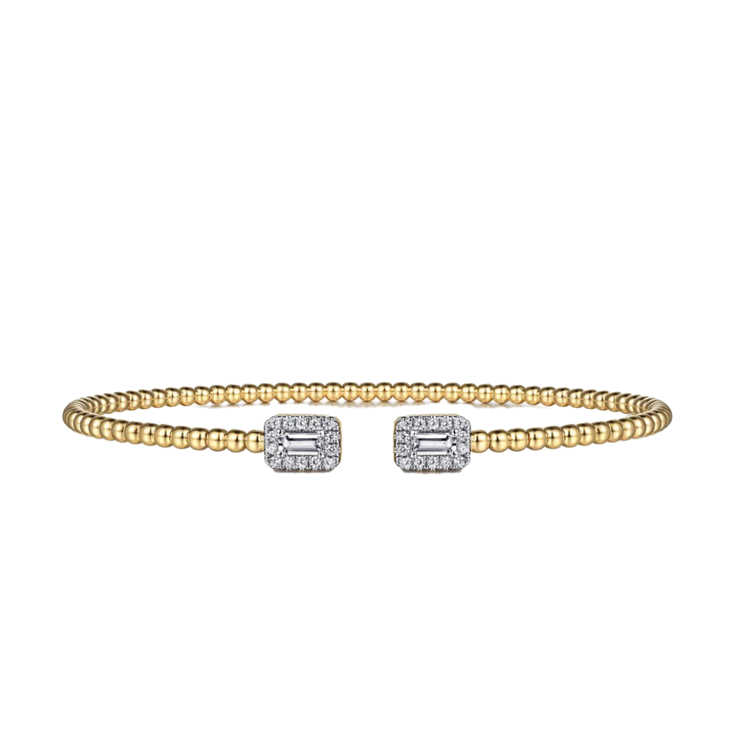 Baguette Halo Beaded Open Bangle in 14K Yellow Gold
