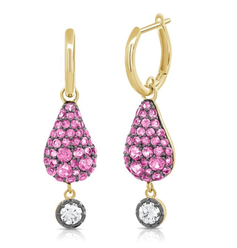 Hoop Earrings with Pink Sapphire And Diamond Drops