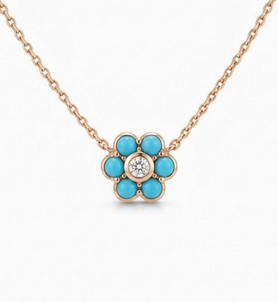 Turquoise and Diamond Flower Necklace