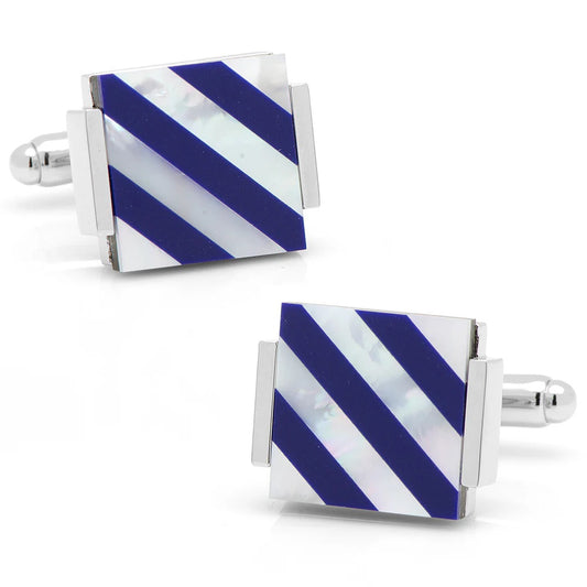 Blue Diagonal Striped Cufflinks with Mother of Pearl