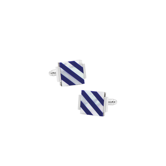 Blue Diagonal Striped Cufflinks with Mother of Pearl