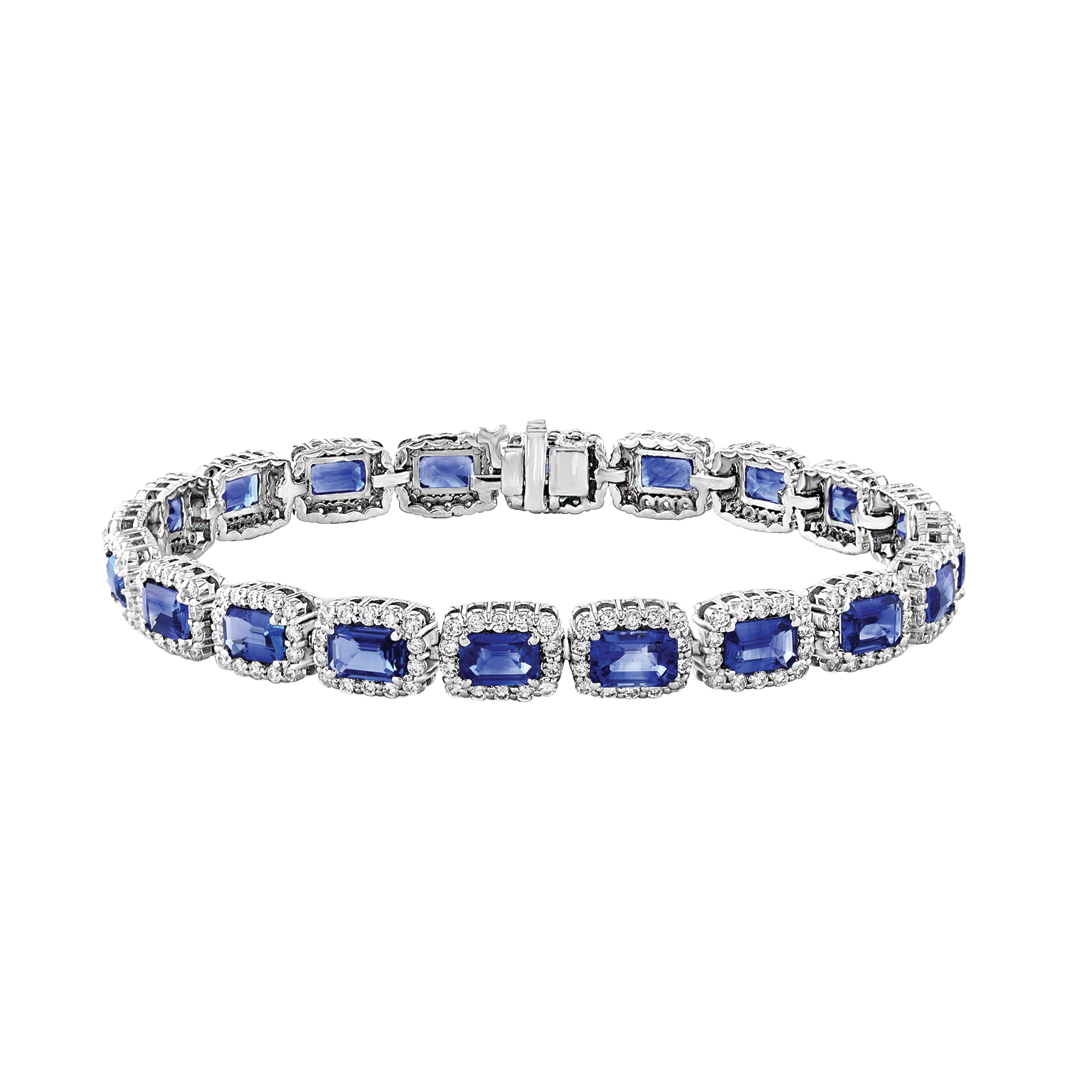 Emerald Cut Blue Sapphire Bracelet with Diamond Halos