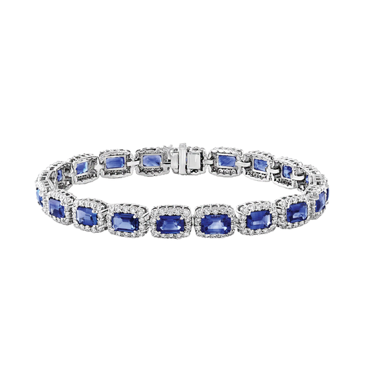 Emerald Cut Blue Sapphire Bracelet with Diamond Halos