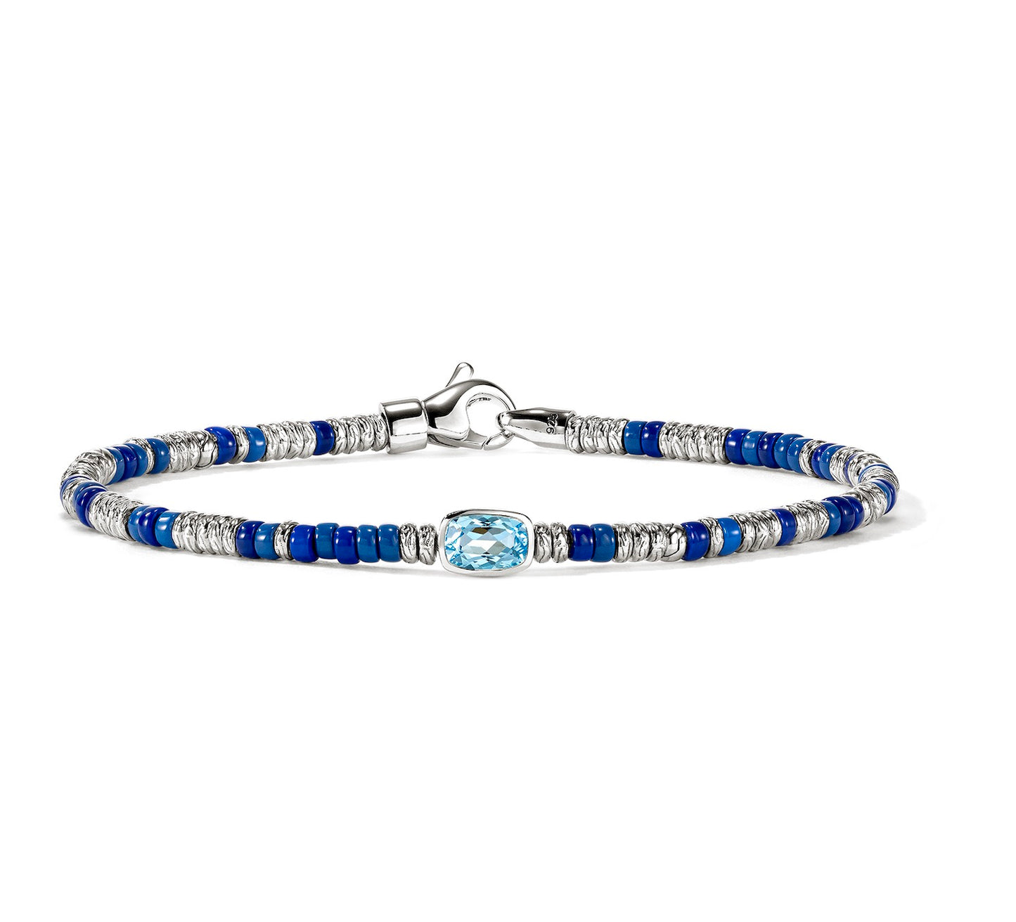 Sterling Silver Heishi Bracelet with Blue Enamel and Swiss Blue Topaz