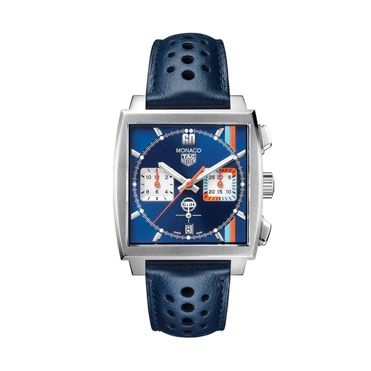 39mm Monaco Gulf Automatic Watch with Blue Leather Strap and Dial