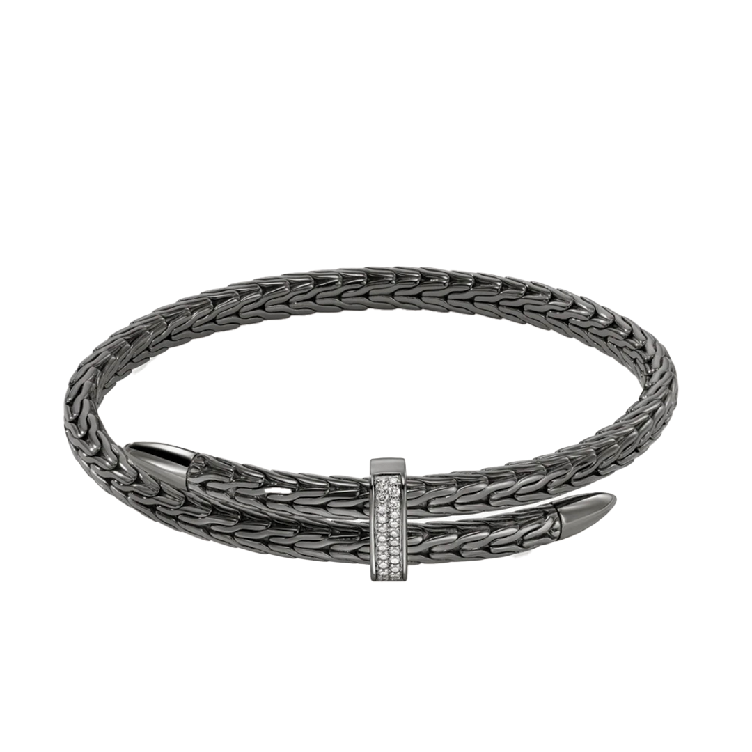 Dark Silver and Diamond Classic Chain Spear Bypass Flex Cuff Bracelet