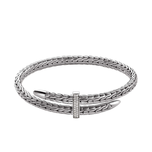 Classic Chain Spear Bypass Flex Cuff with Diamonds in Sterling Silver