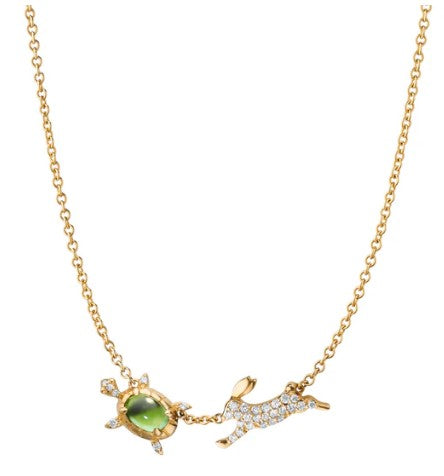 "The Tortoise and the Hare" Necklace with Green Tourmaline and Diamonds