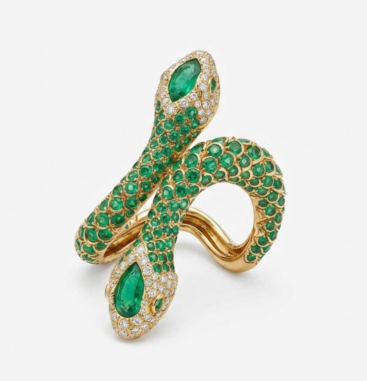Double Snake Bypass Ring with Emeralds