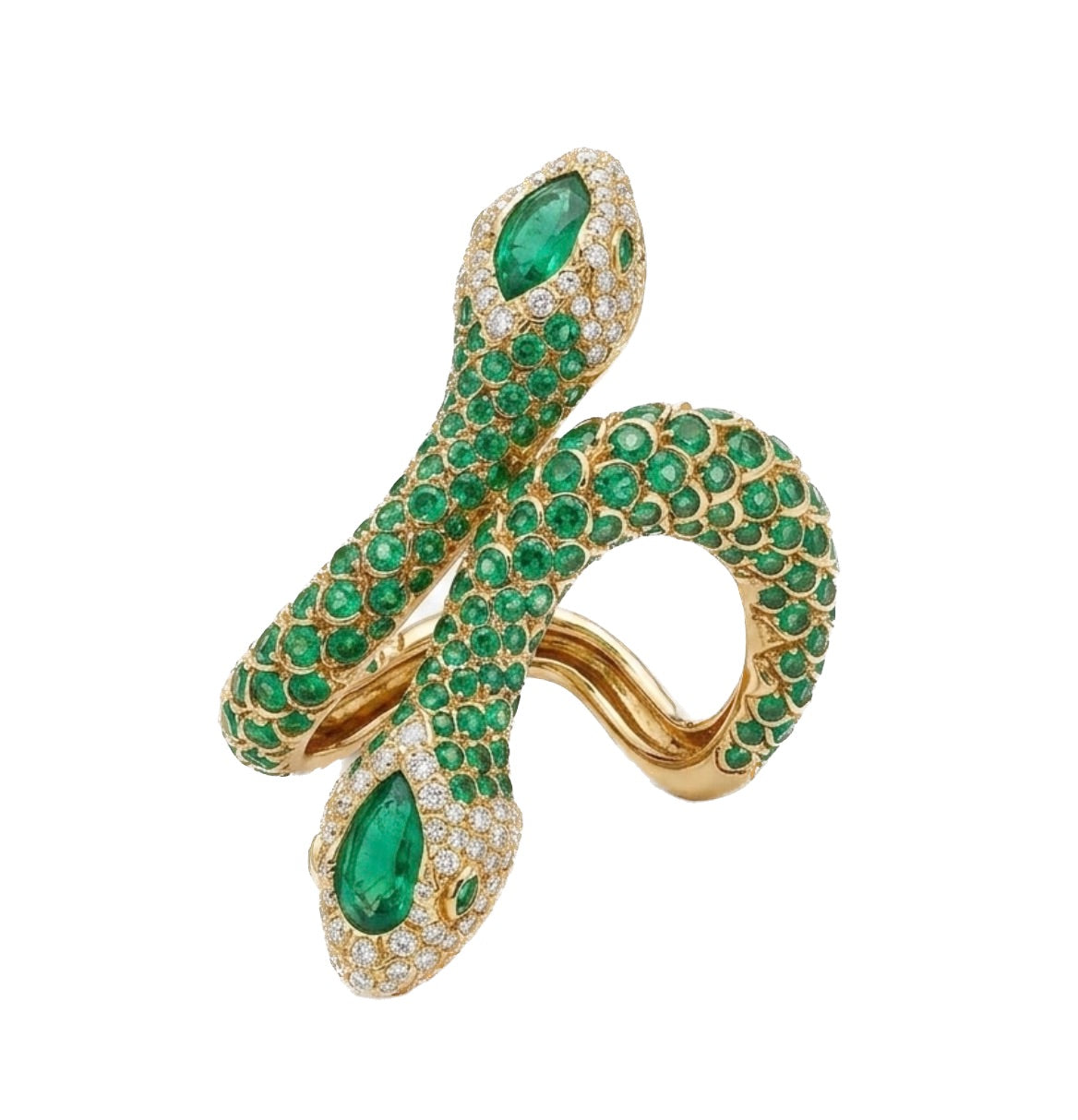 Double Snake Bypass Ring with Emeralds
