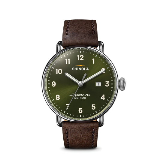 43mm Canfield Stainless Steel Dark Green Dial Watch with Brown Leather Strap