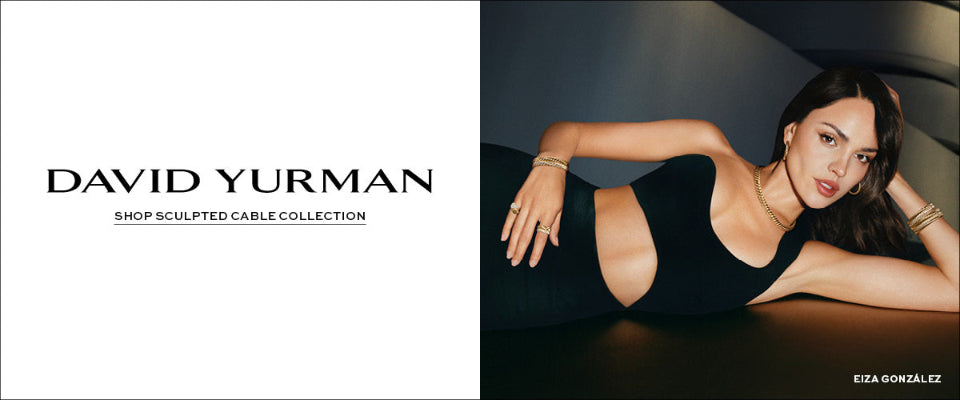Advertisement for David Yurman featuring a woman in a black dress with jewelry.