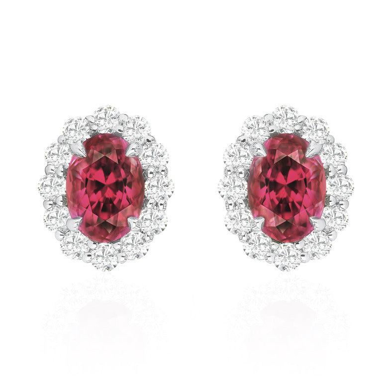 Oval Ruby Stud Earrings with Diamond Halo