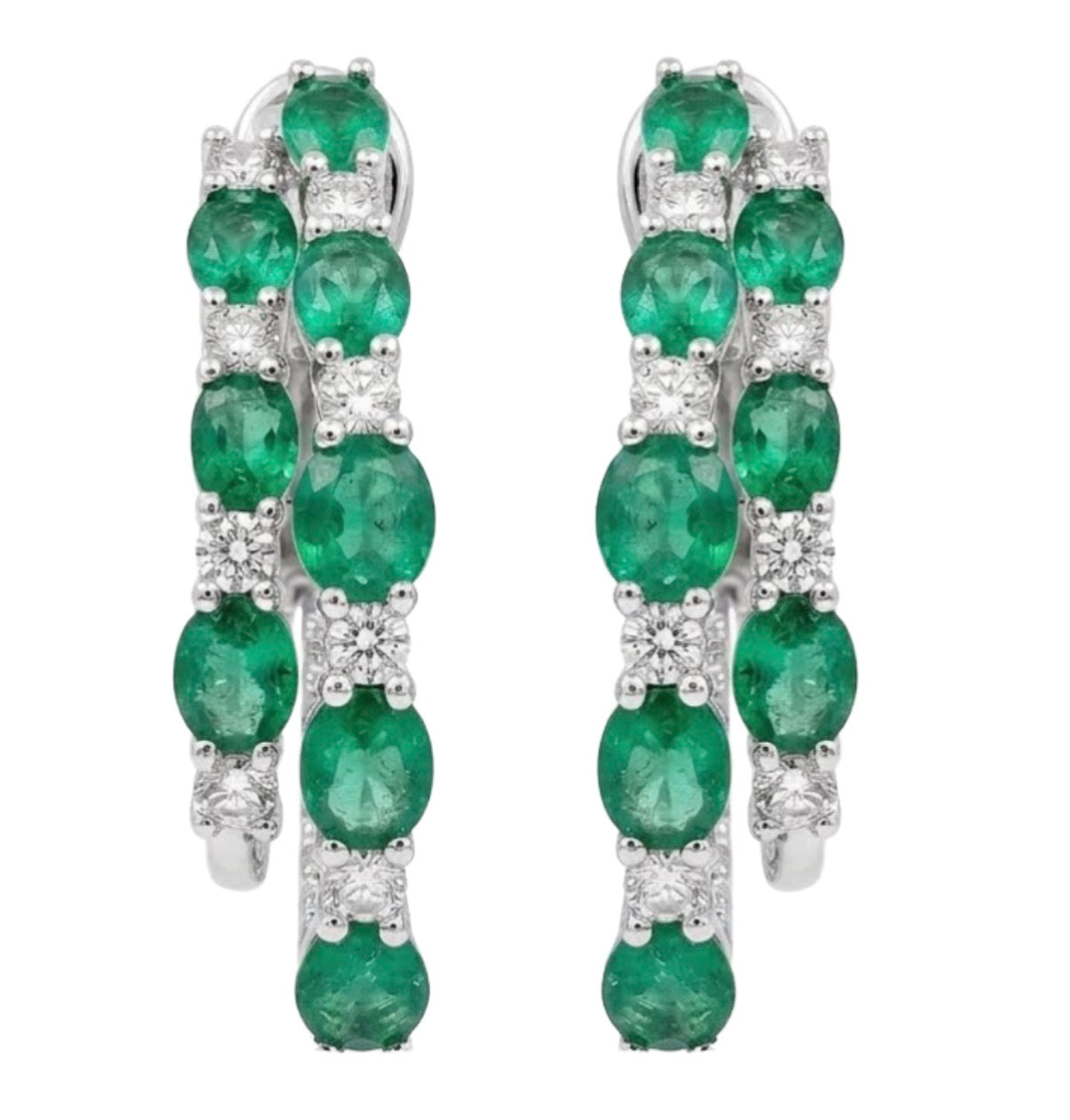 2-Row Alternating Emerald and Diamond Hoop Earrings