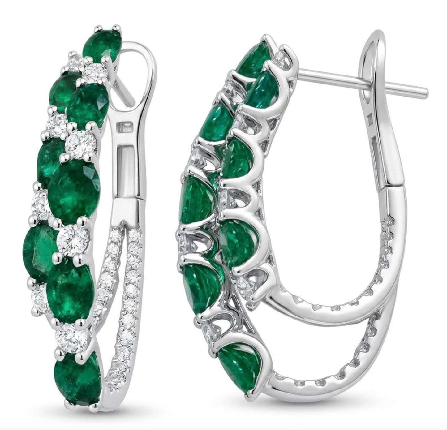 2-Row Alternating Emerald and Diamond Hoop Earrings
