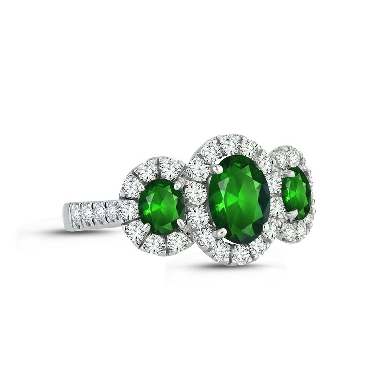 3-Stone Emerald Ring with Diamond Halo
