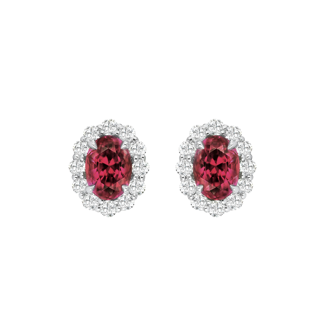 Oval Ruby Stud Earrings with Diamond Halo