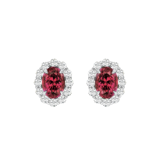Oval Ruby Stud Earrings with Diamond Halo