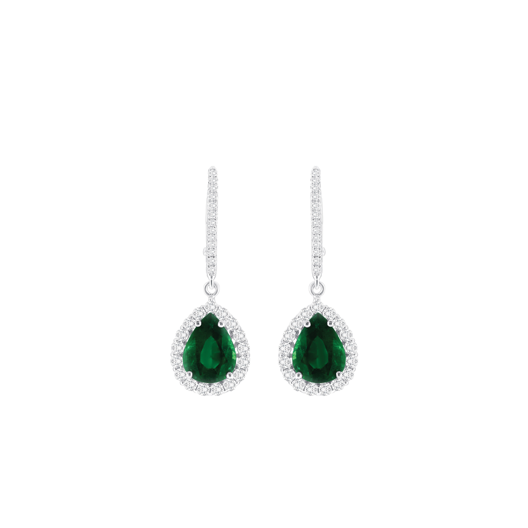 Emerald Drop Earrings with Diamond Halo