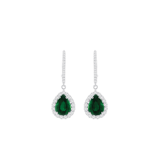 Emerald Drop Earrings with Diamond Halo