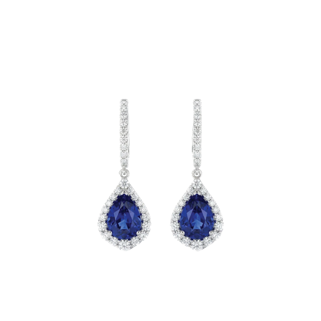 Sapphire Drop Earrings with Diamond Halo