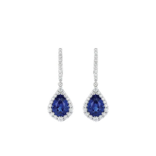 Sapphire Drop Earrings with Diamond Halo