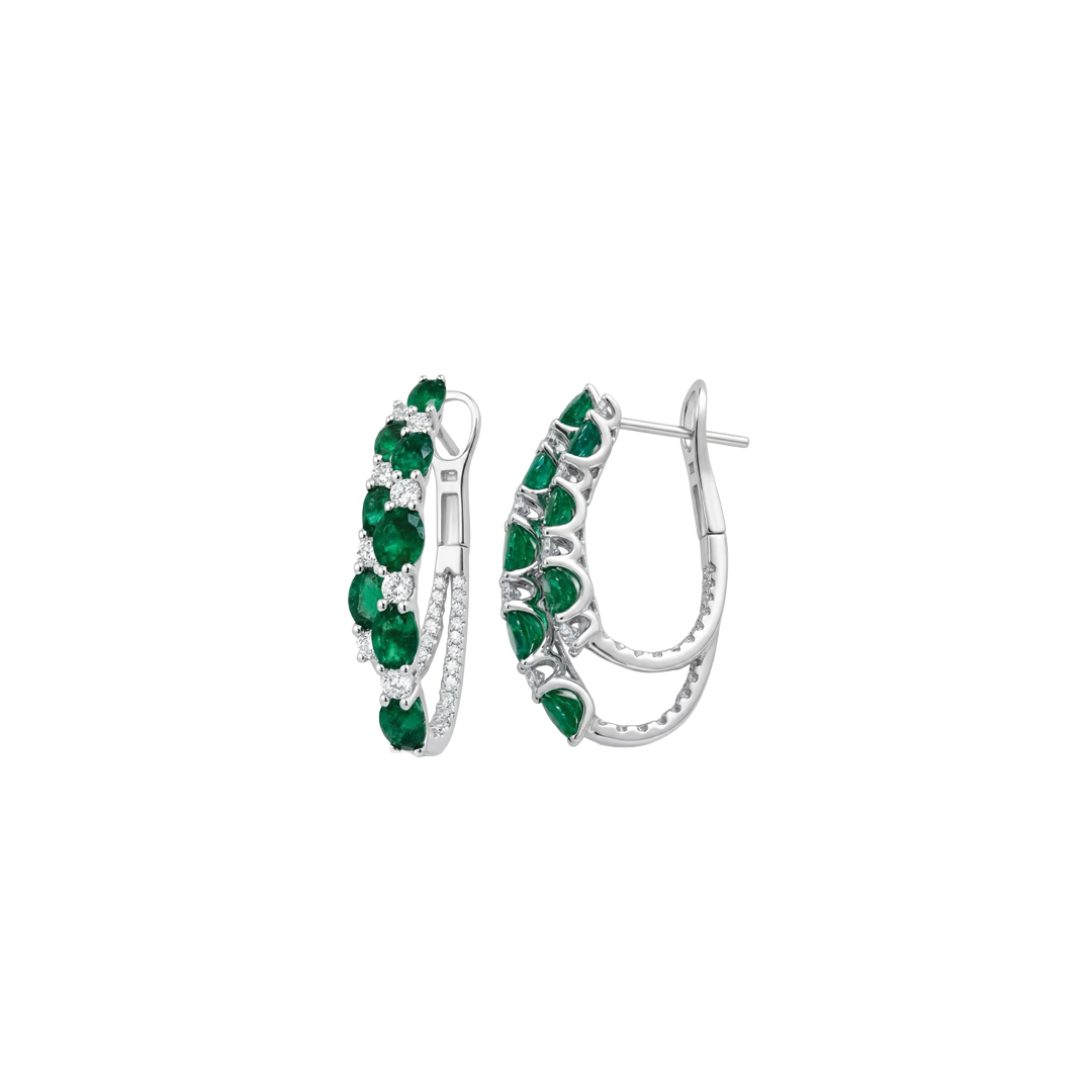 2-Row Alternating Emerald and Diamond Hoop Earrings