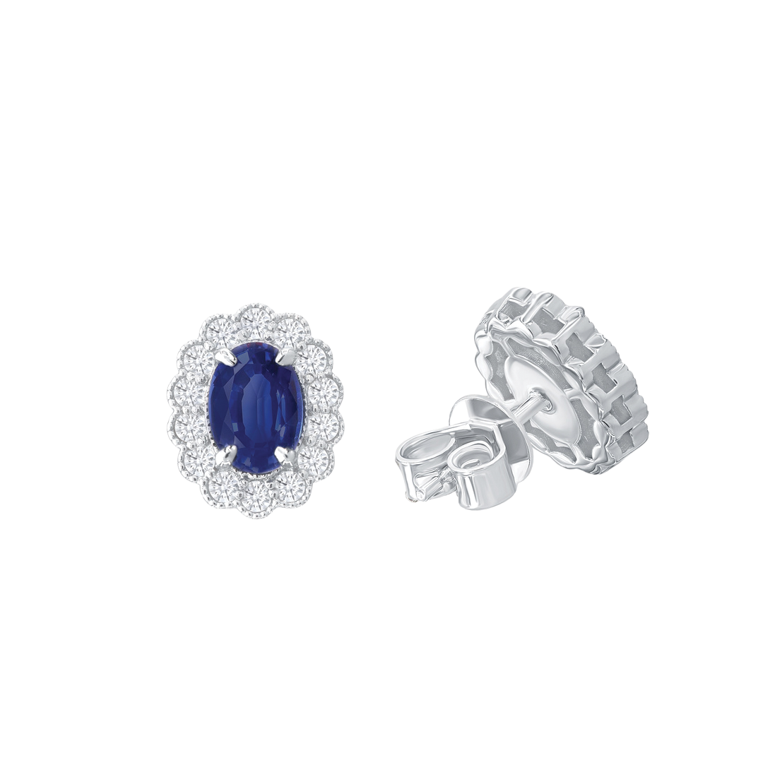 Sapphire Floral Stud Earrings with Diamond Halo