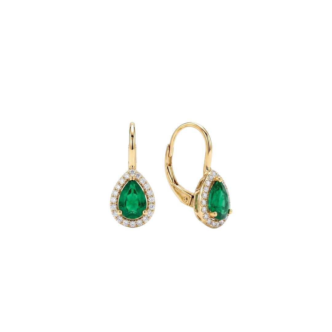Pear Shape Emerald Drop Earrings with Diamond Halo