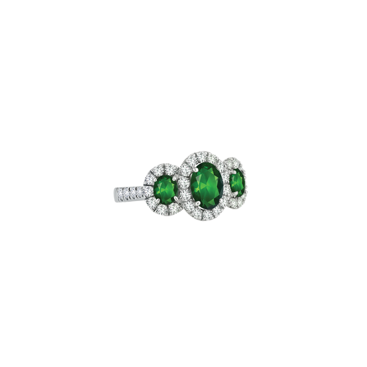 3-Stone Emerald Ring with Diamond Halo